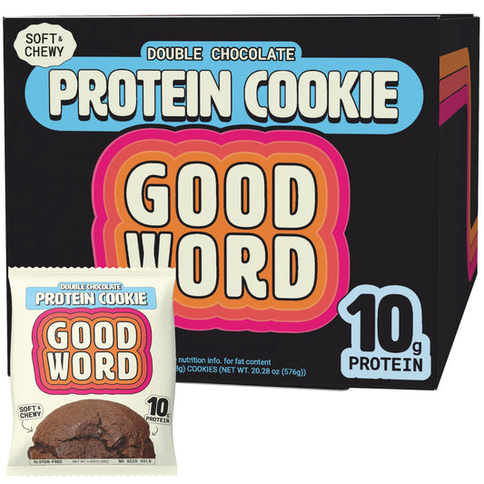 Good Word Double Chocolate Protein Cookie—soft and chewy, perfect for a post-workout treat.