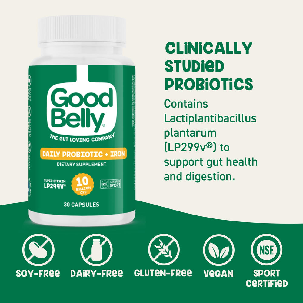 GoodBelly LP299v culture illustration on packaging for digestive balance