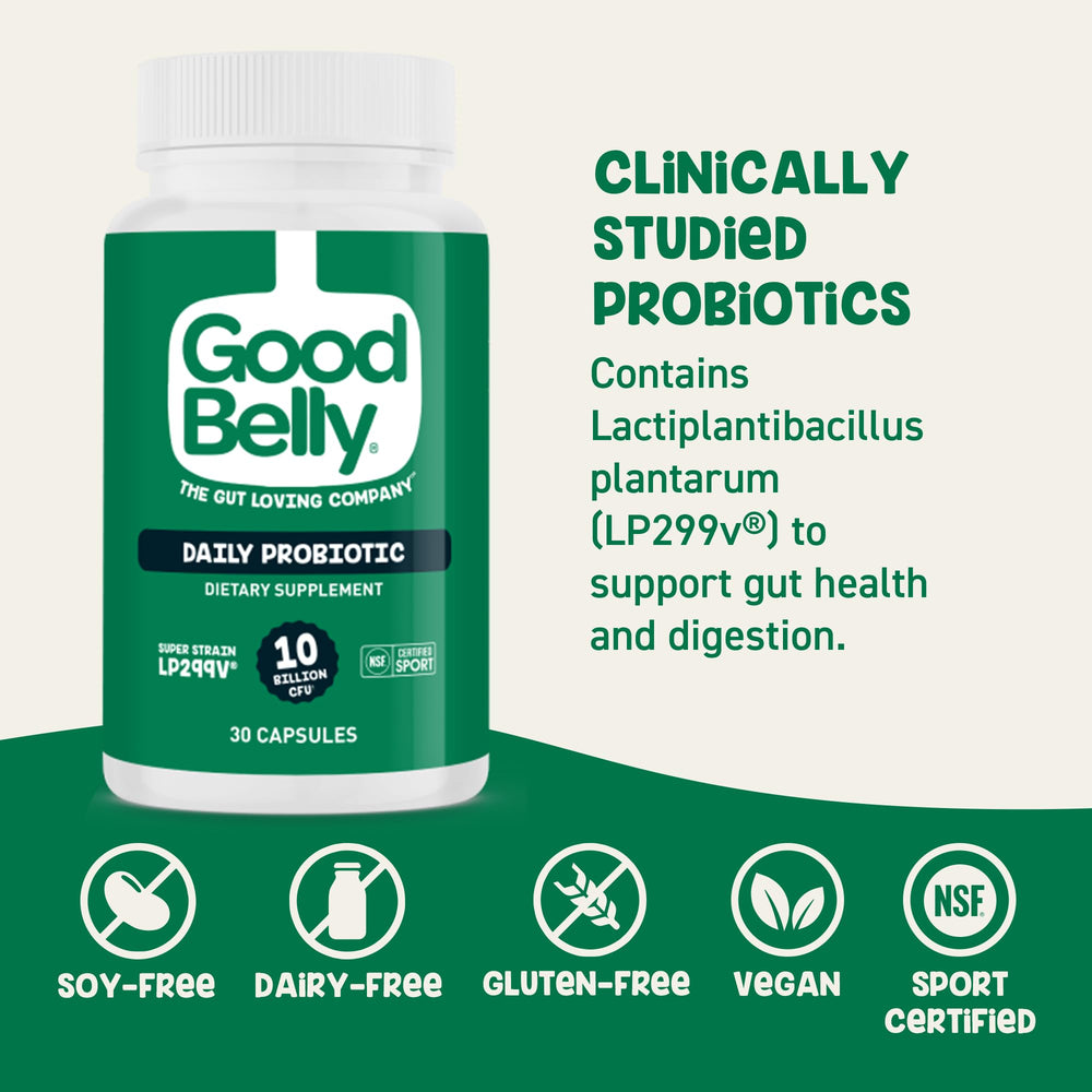 GoodBelly vegan allergen-free capsules suitable for plant-based diets.