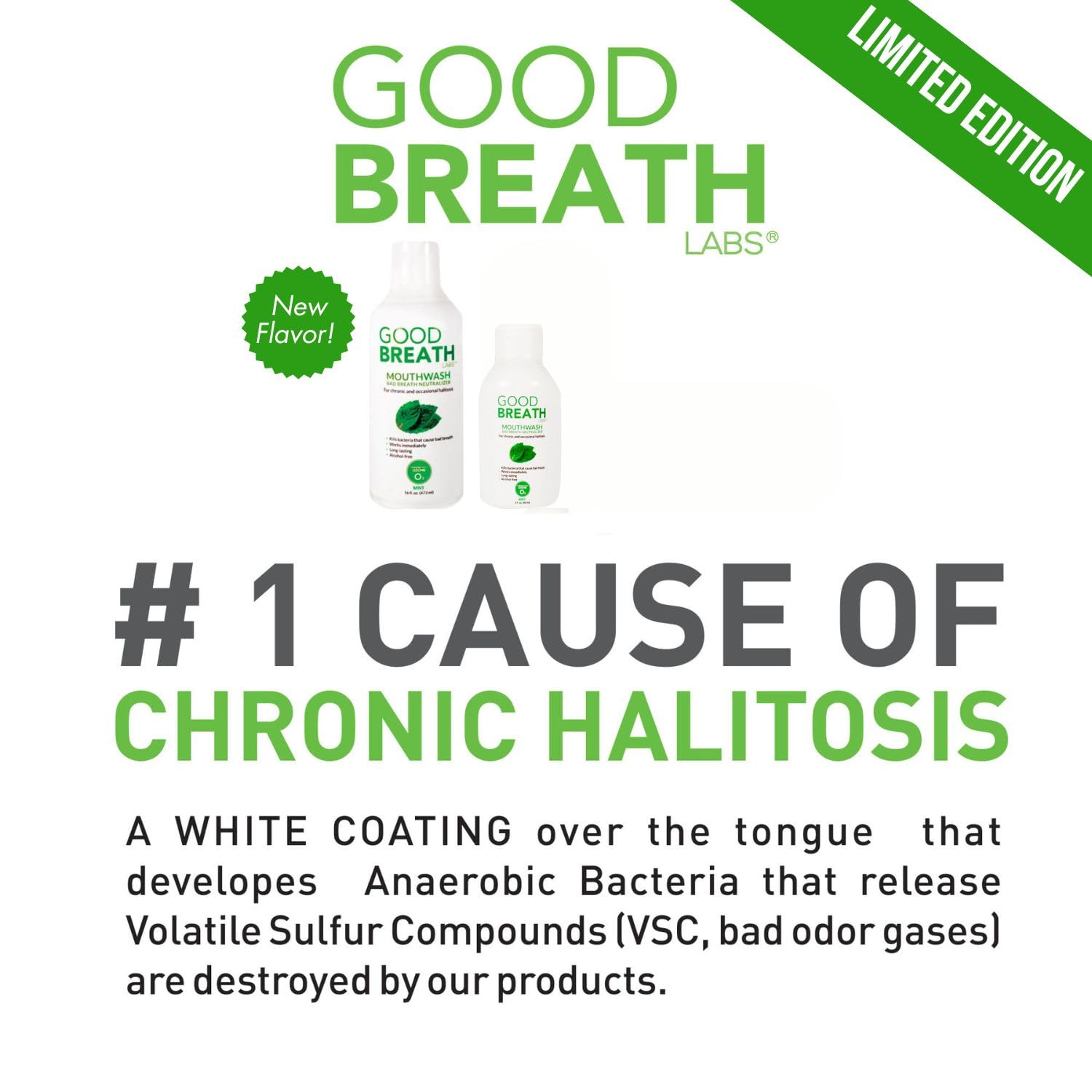 Goodbreath bottle next to a smile, indicating mouth hygiene support