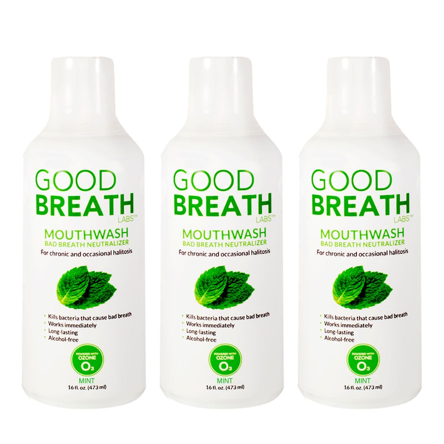 Goodbreath Mint Mouthwash bottle close-up showing refreshing mint formula