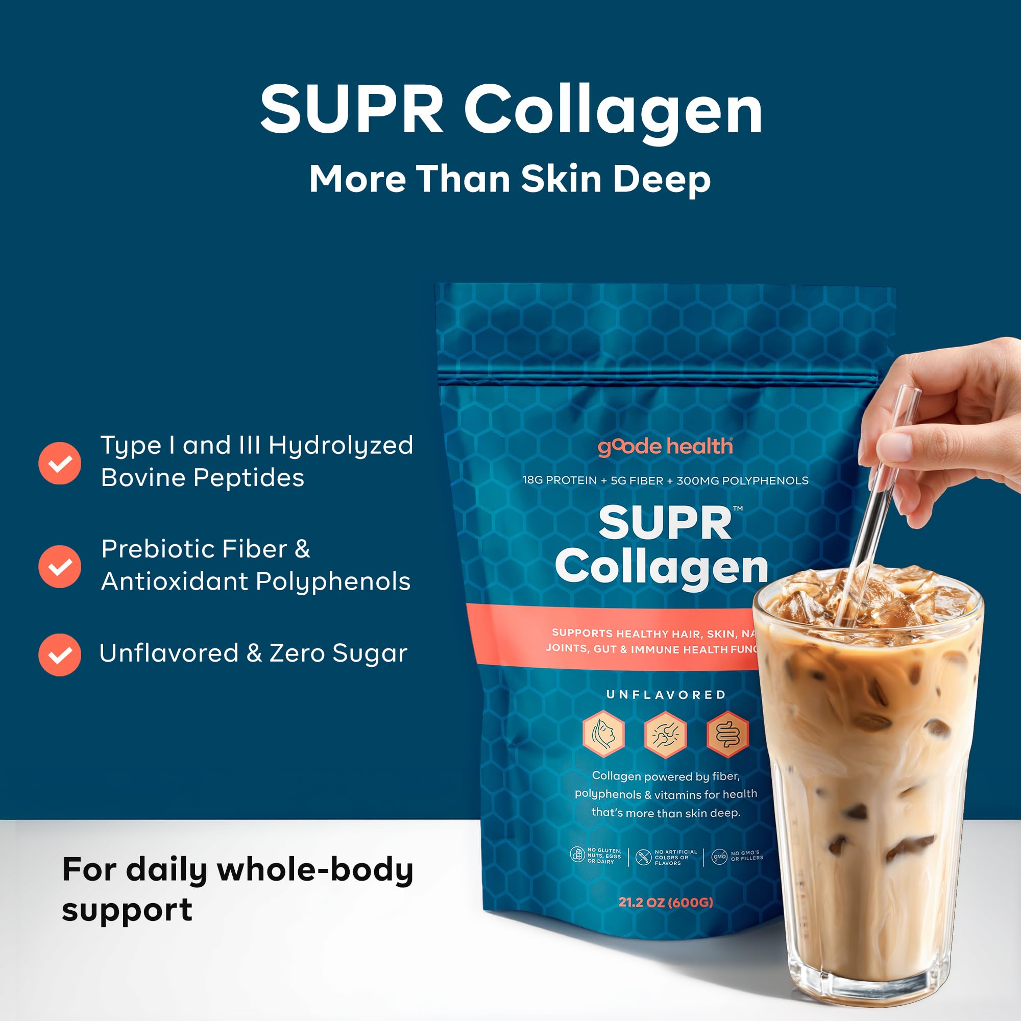 Goode Health SUPR Collagen powder dissolves smoothly in coffee for mornings.
