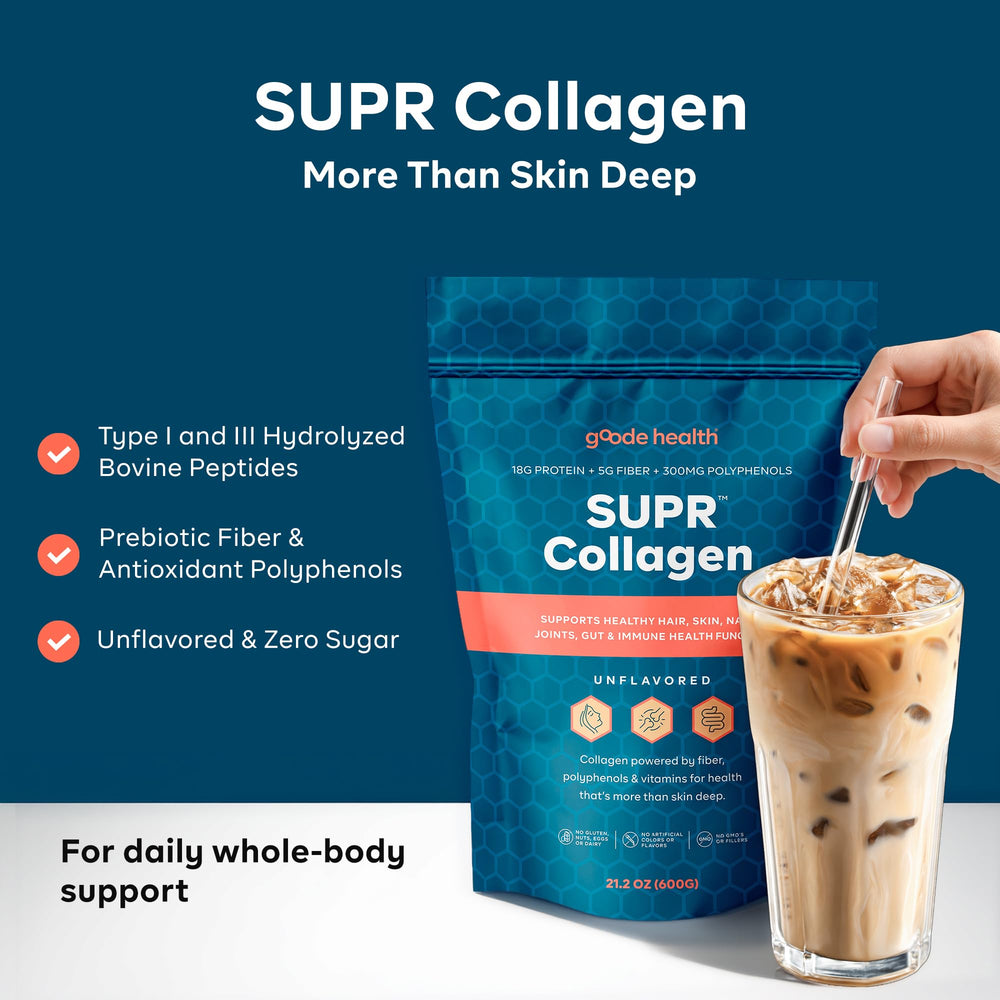 Goode Health SUPR Collagen powder dissolves smoothly in coffee for mornings.