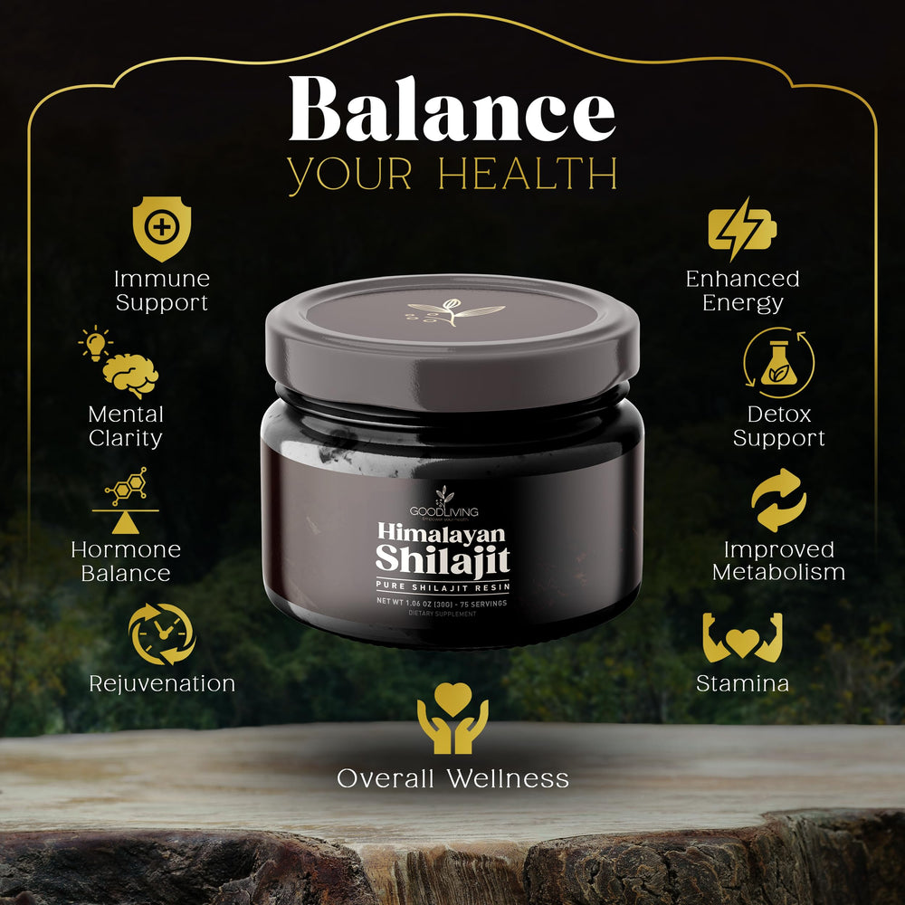 GoodLiving Himalayan Shilajit Resin spoon for easy daily dosing.