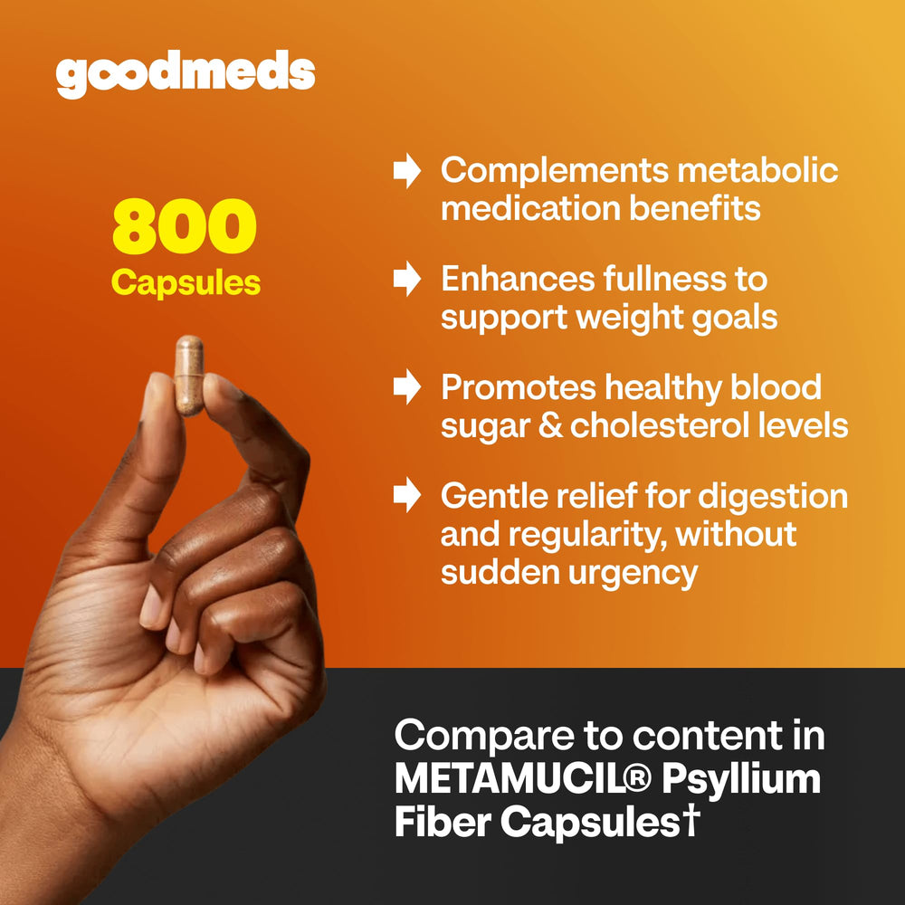 GoodMeds psyllium husk bottle on table with capsules visible