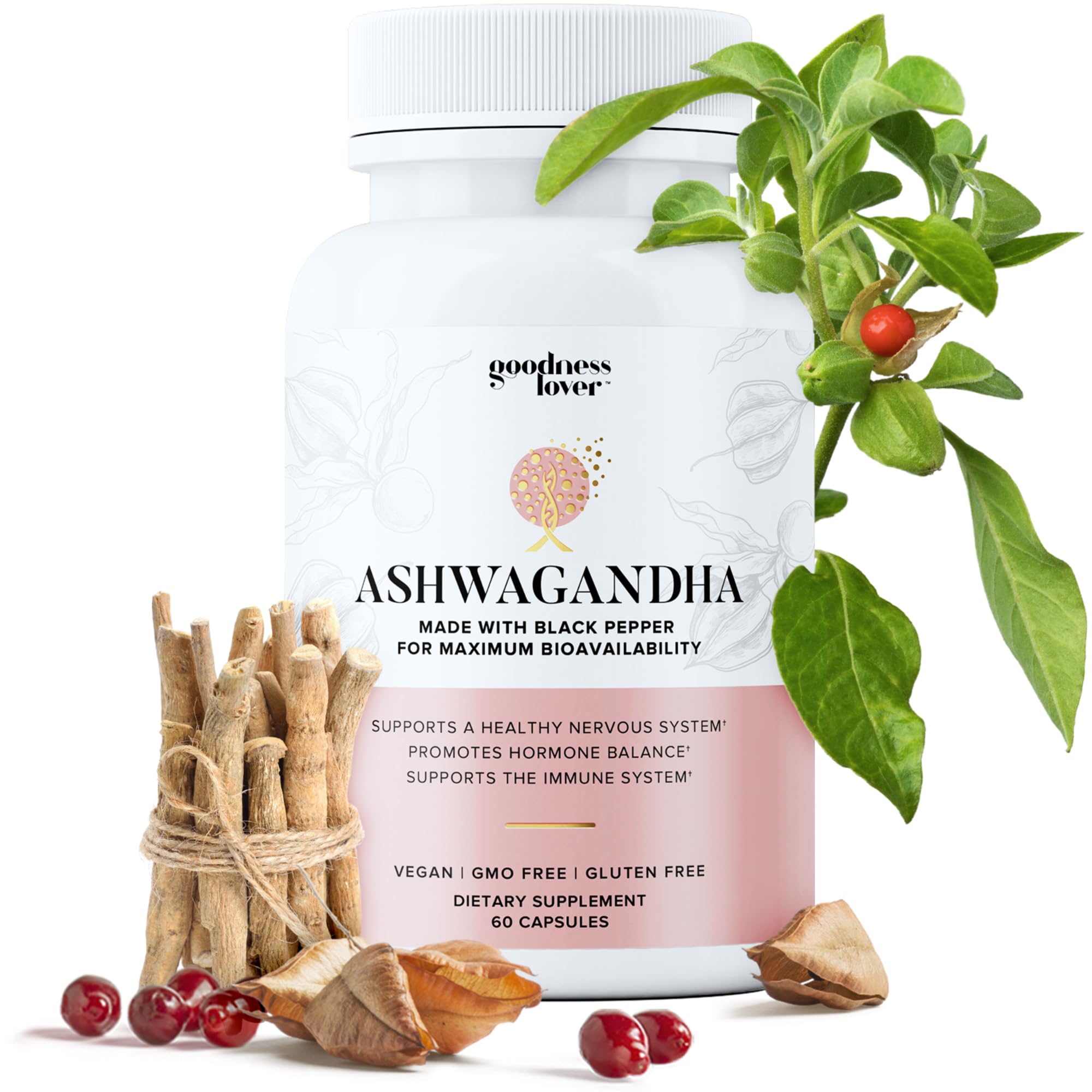 Goodness Lover Ashwagandha bottle close-up for calm energy support