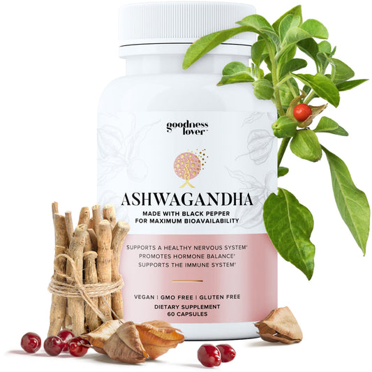 Goodness Lover Ashwagandha bottle close-up for calm energy support