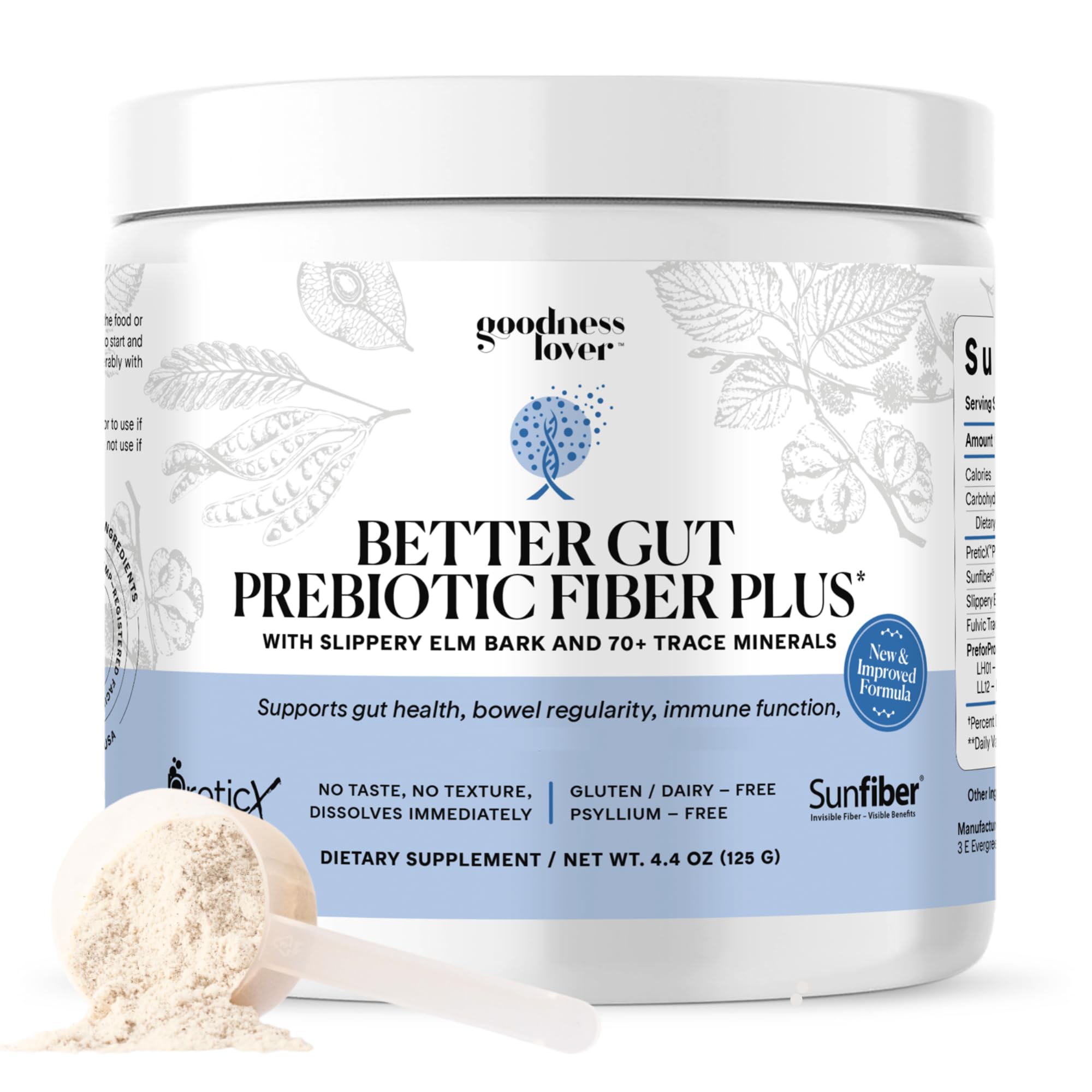 Goodness Lover Better Gut bottle pour demonstrates convenient daily prebiotic use.