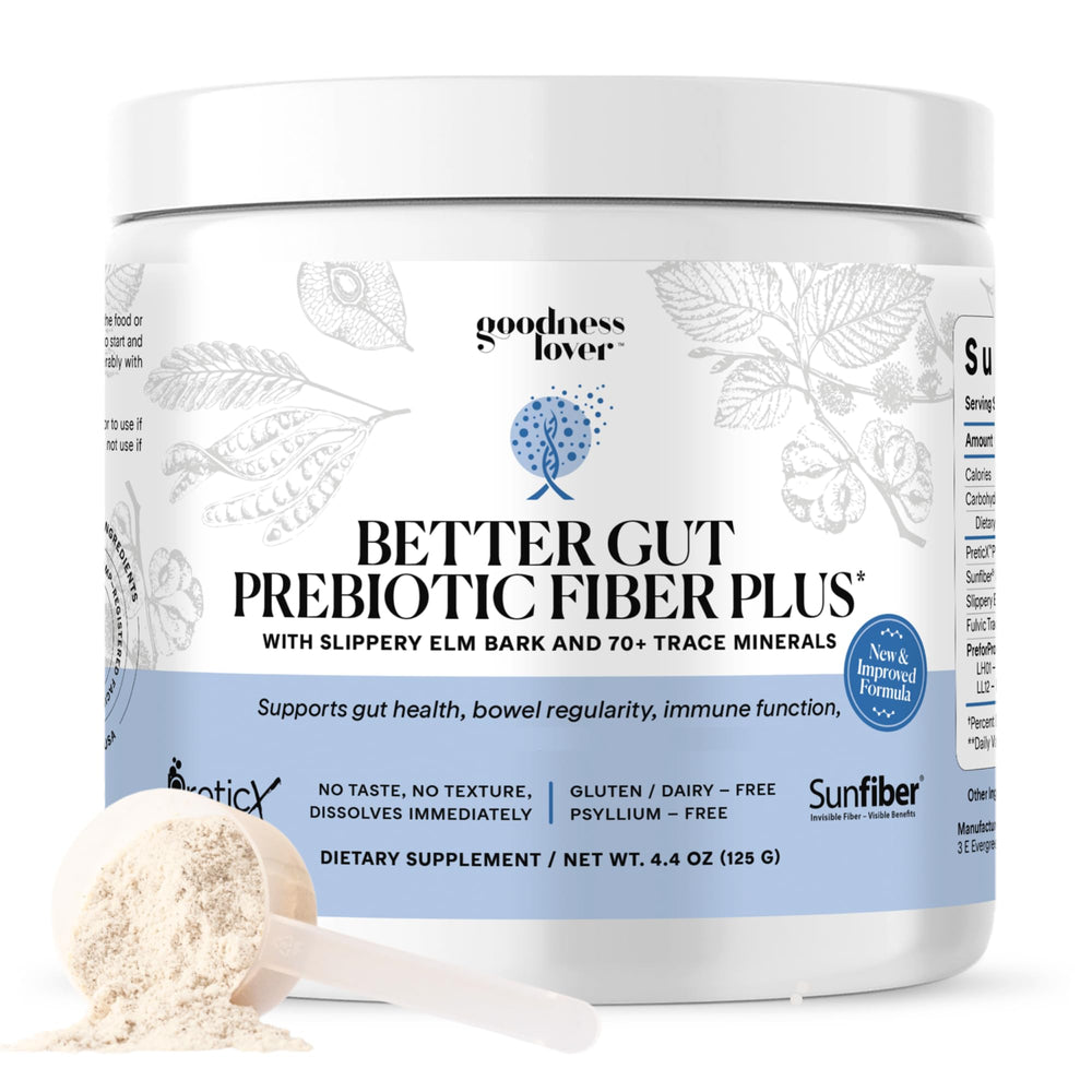 Goodness Lover Better Gut bottle pour demonstrates convenient daily prebiotic use.