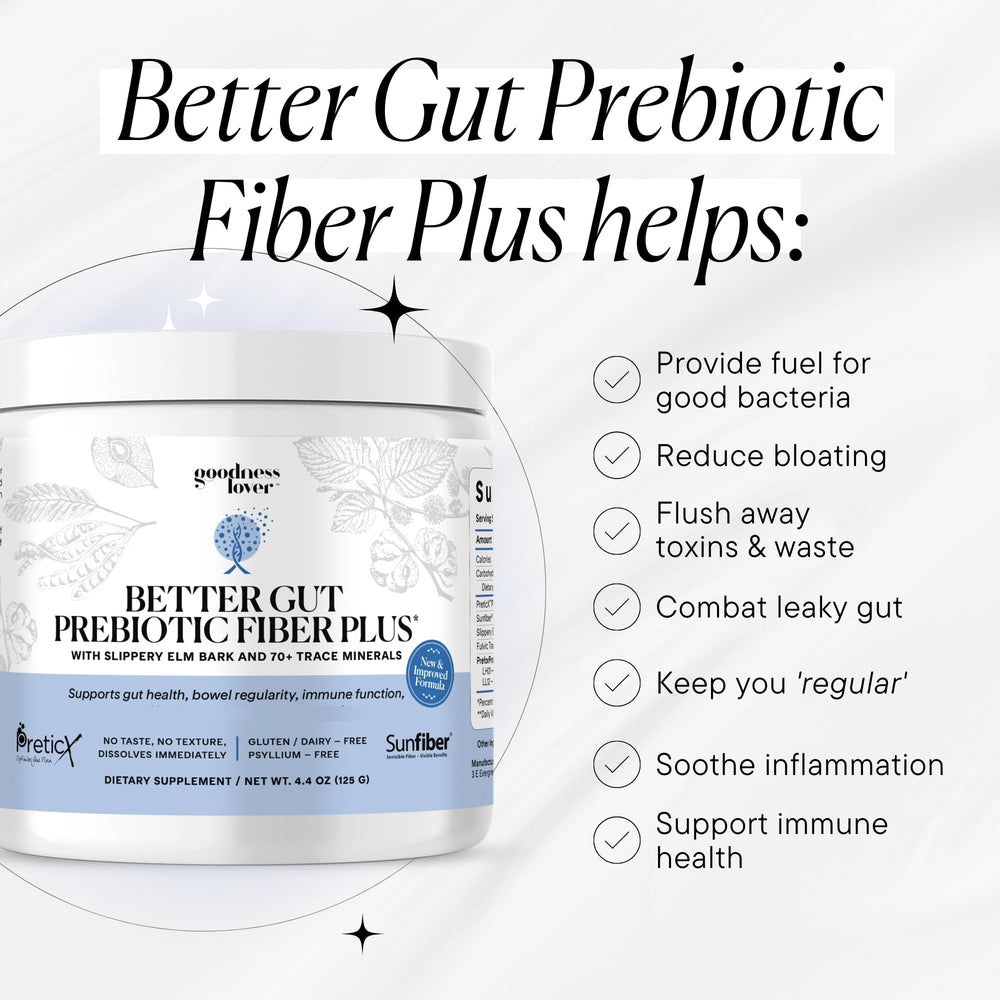 Goodness Lover Better Gut label closeup highlights clean ingredient list.