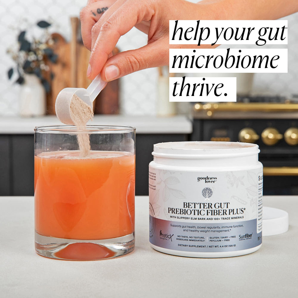 Goodness Lover Better Gut powder dissolving in a drink with no grit.