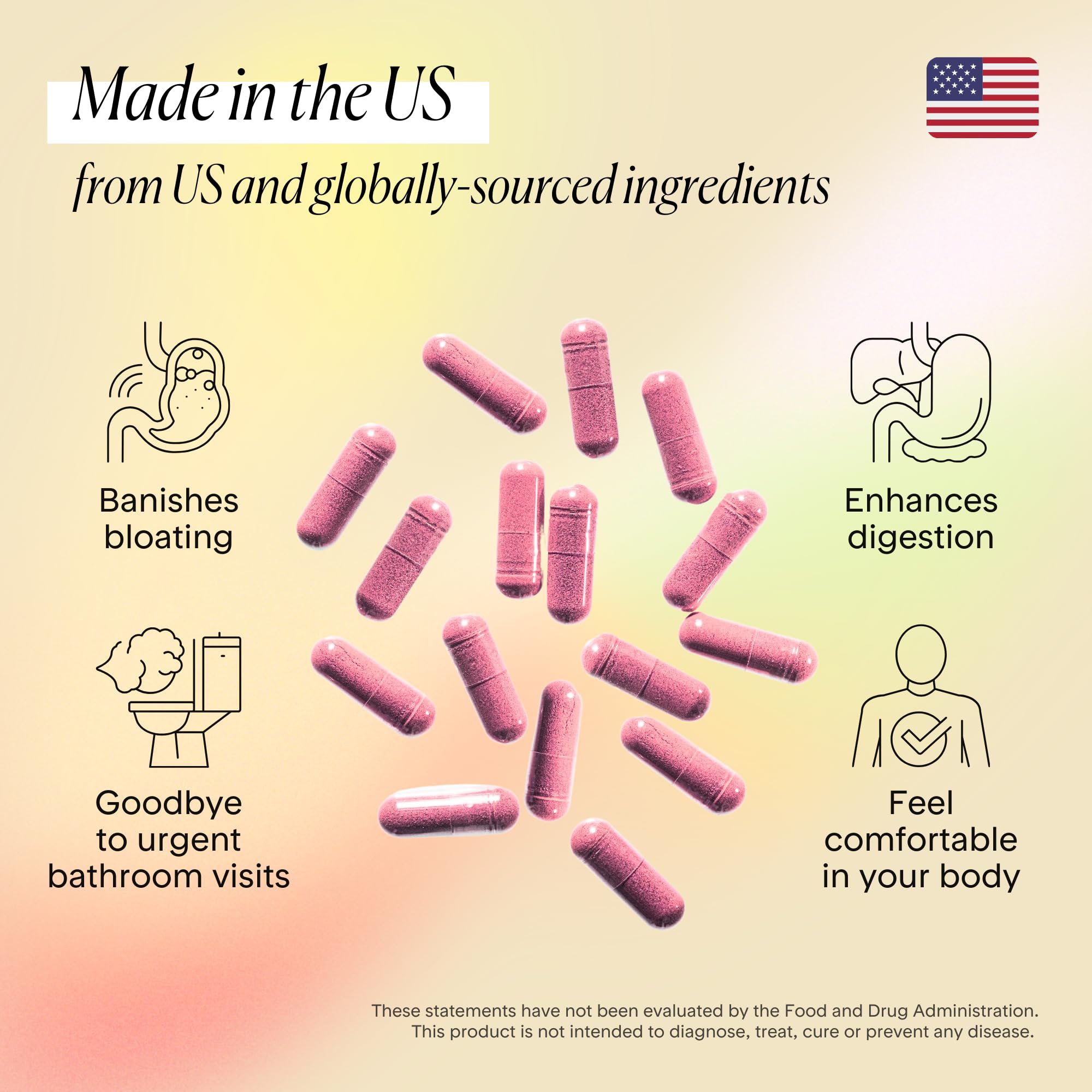 Ingredients panel highlights seven plant-based digestive enzymes and botanicals.