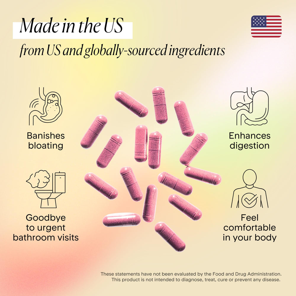 Ingredients panel highlights seven plant-based digestive enzymes and botanicals.