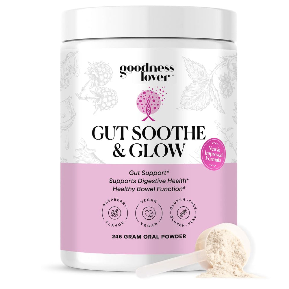 Goodness Lover Gut Soothe & Glow bottle front promoting digestive comfort potential.