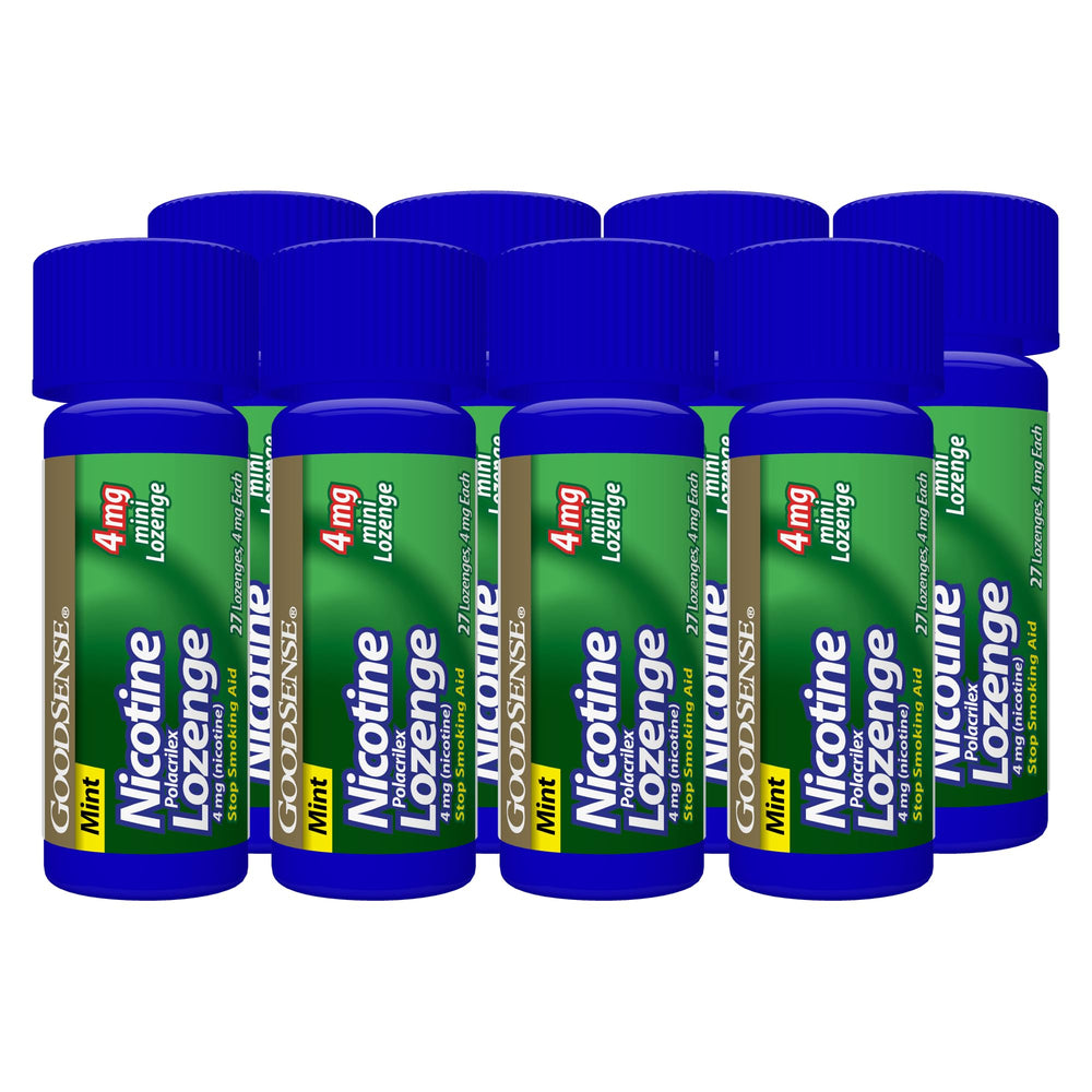 GoodSense Mini Nicotine Lozenge 216-count bottle shown on shelf for extended quit support.