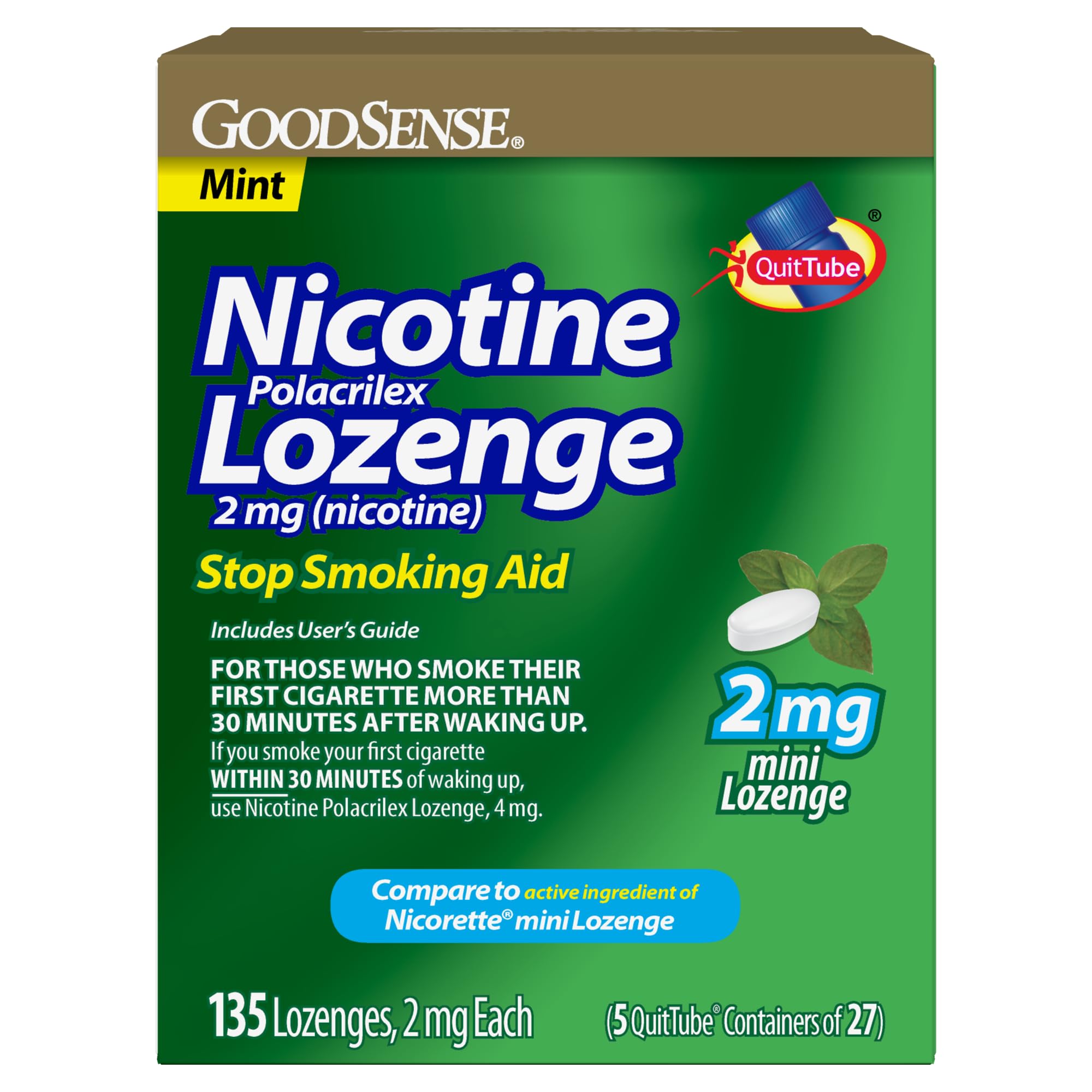 GoodSense mini nicotine lozenge mint packaging shows a 135-count box for quit support