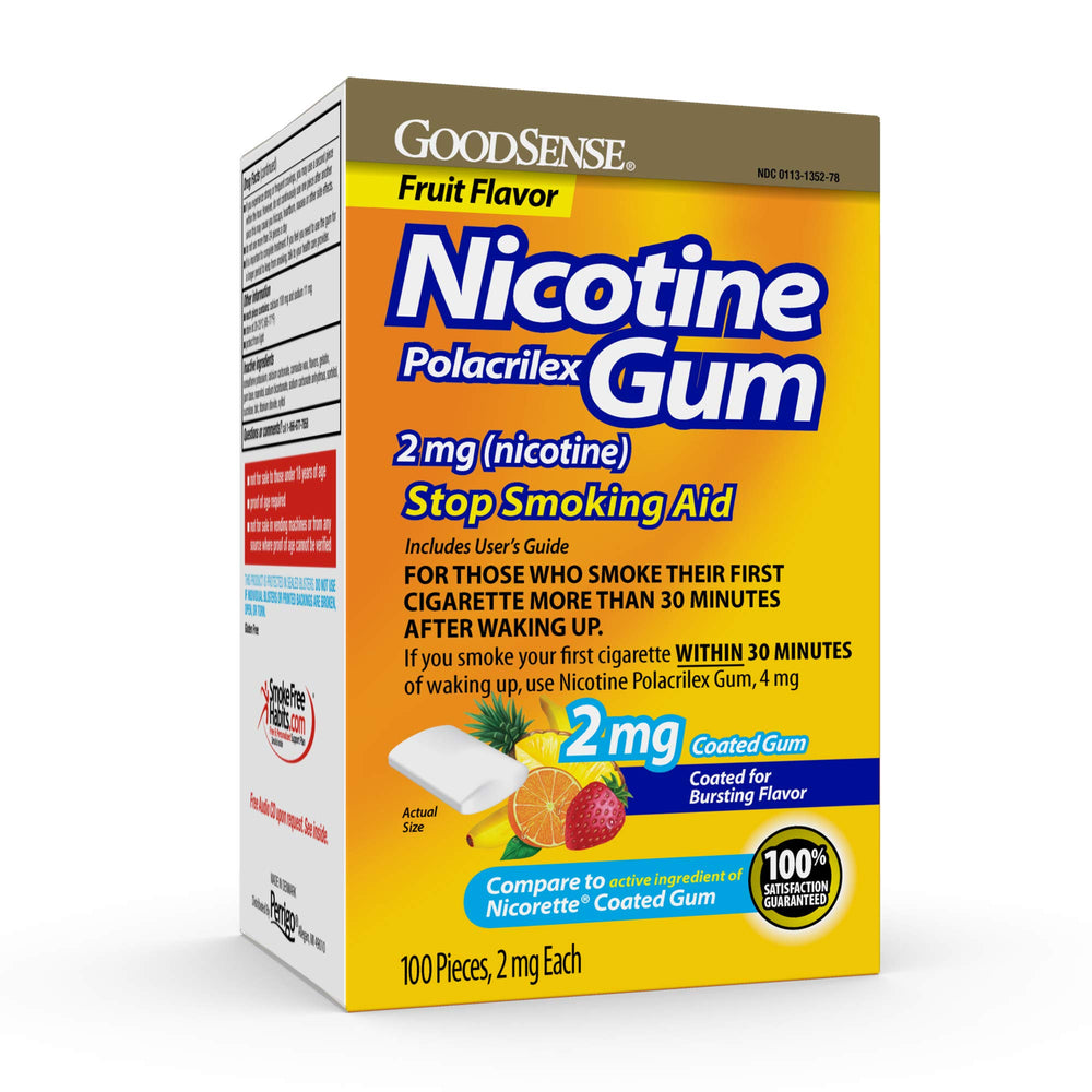 GoodSense nicotine gum 2 mg fruit flavor packaging with on-the-go blister strips