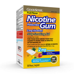 GoodSense nicotine gum 2 mg fruit flavor packaging with on-the-go blister strips