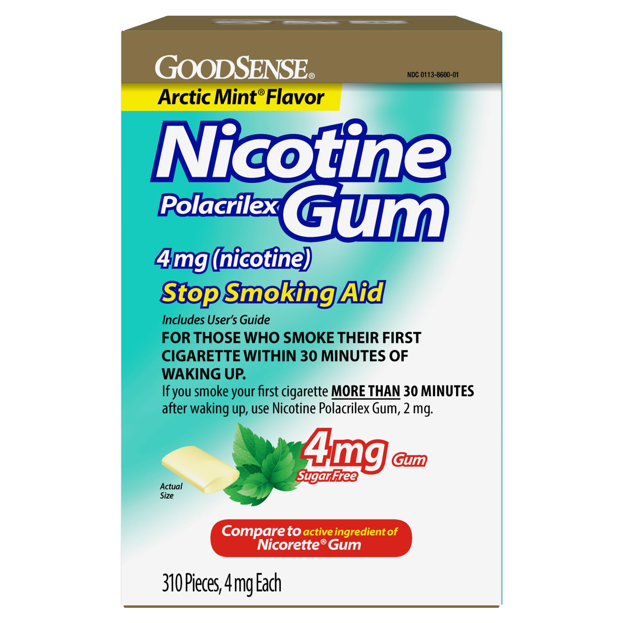 GoodSense Nicotine Polacrilex Uncoated Gum 4 mg Arctic Mint packaging offers simple quit-smoking support.