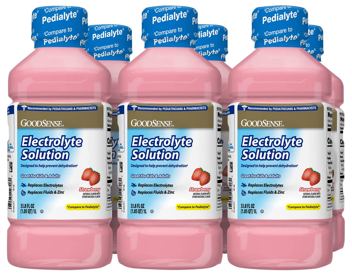 GoodSense Strawberry Electrolyte bottle front shows kid-friendly flavor for quick hydration.