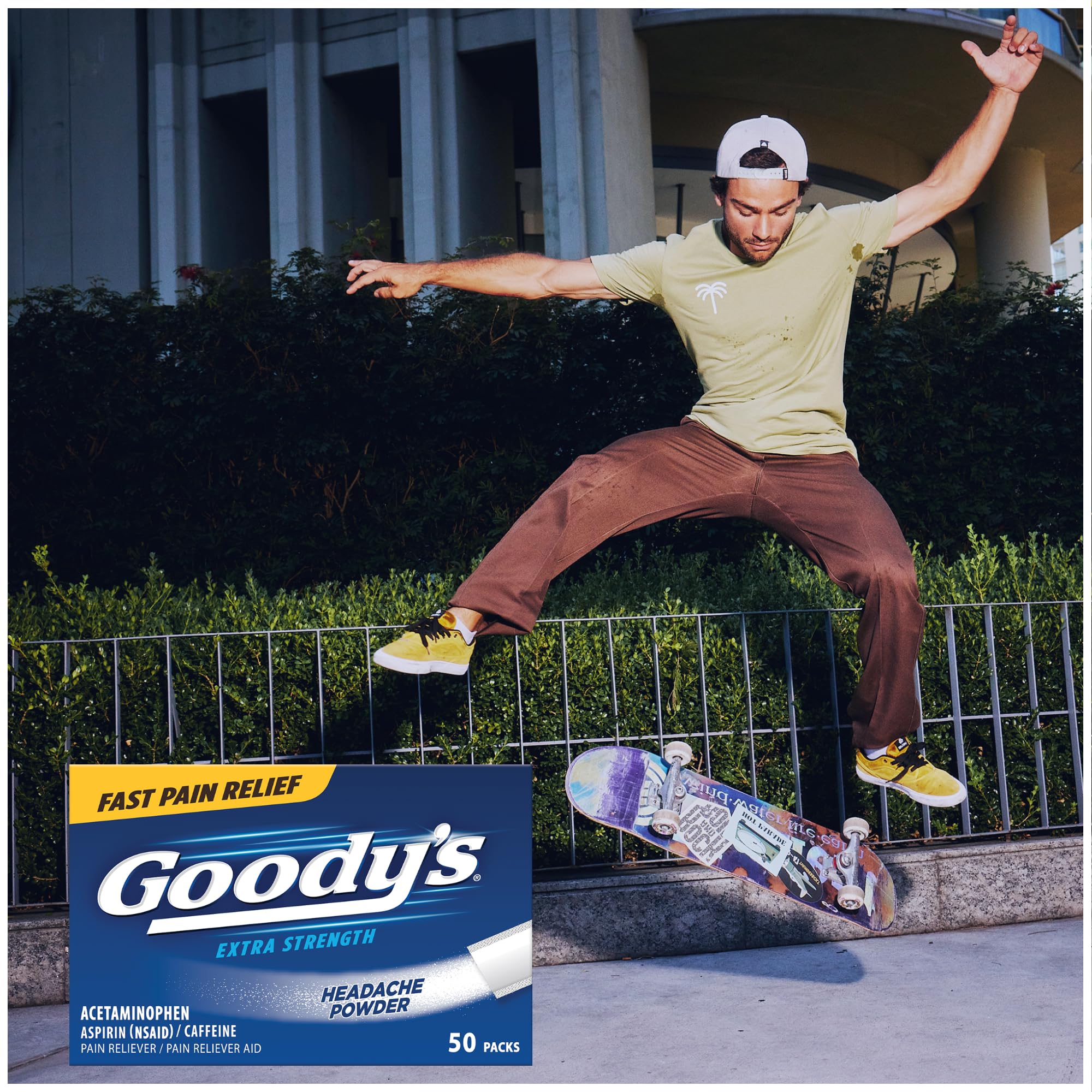 Close-up of packaging for easy use of Goody's powder.