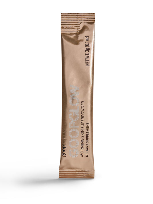Goop Beauty Morning Skin Drink Mix packaging front highlights antioxidant formula for glow.
