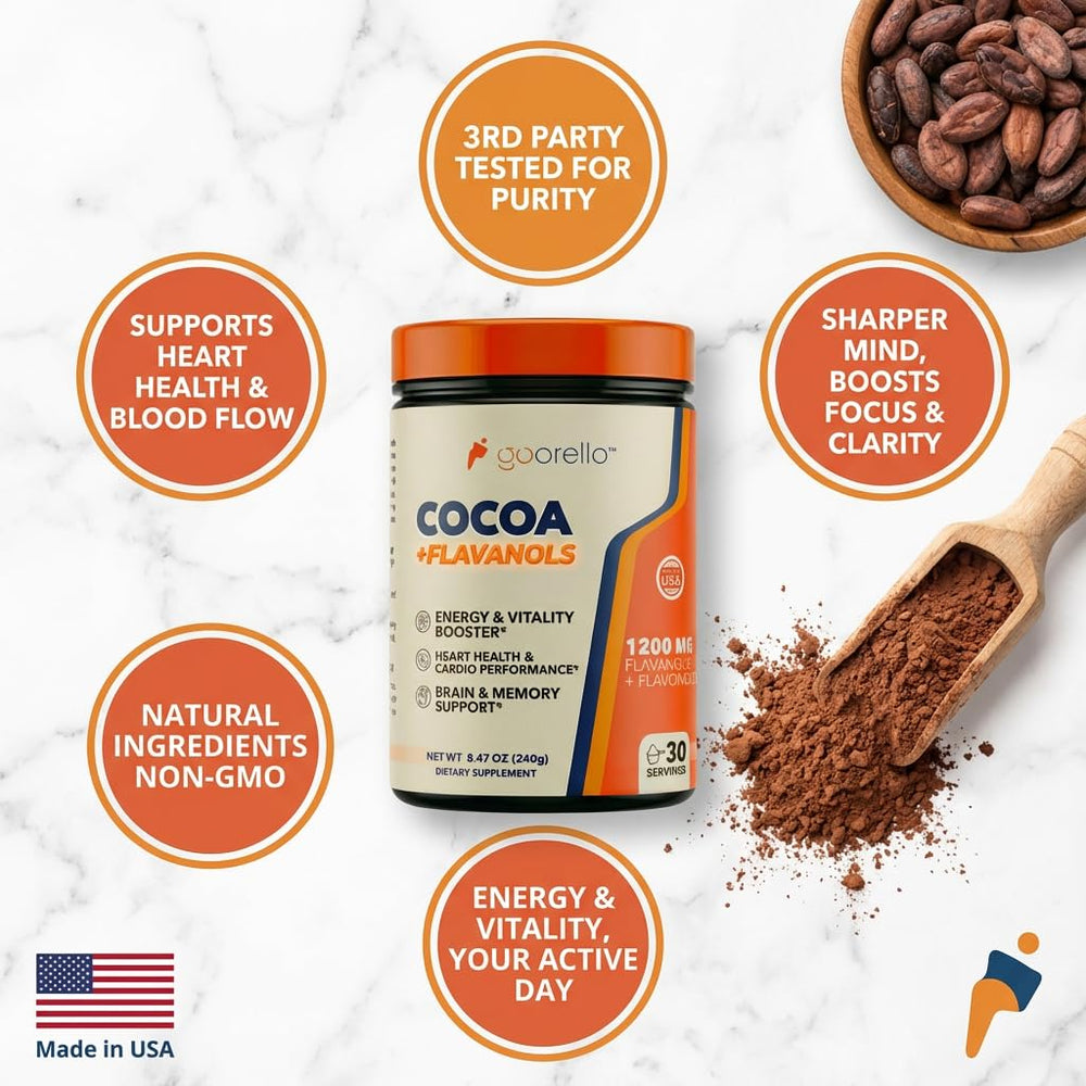 Goorello Cocoa Powder packaging shows quality and non-GMO promise