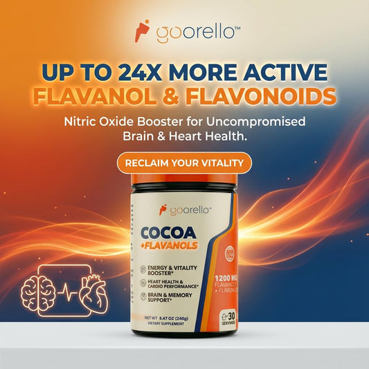Goorello Cocoa Powder scoop highlights precise serving for flavanol intake