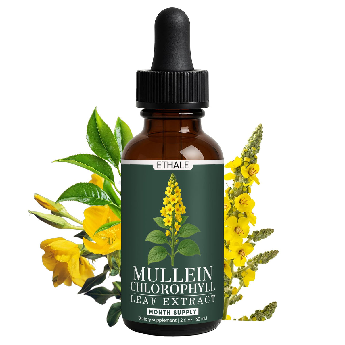 Goovip ETHALE Mullein Drops bottle on countertop for respiratory support.