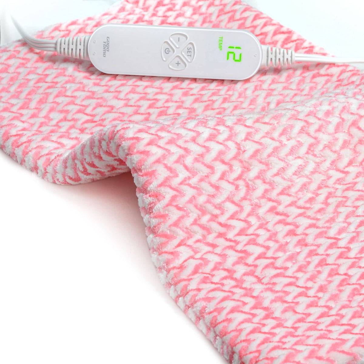 GOQO TOMO fast-heating pad in pink, covers back and shoulders for deep warmth.