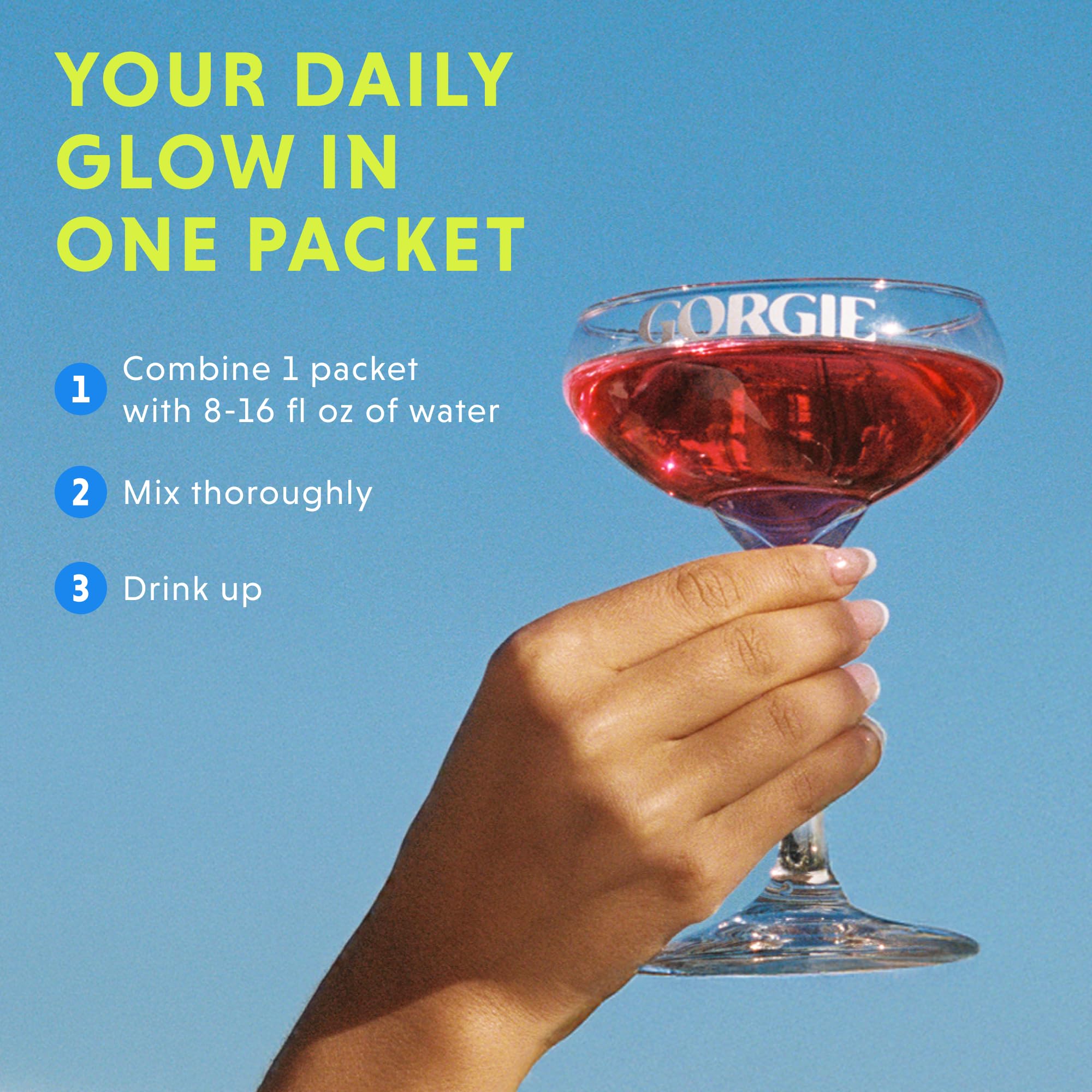 GORGIE Glow electrolyte packets highlight sea salt hydration balance.