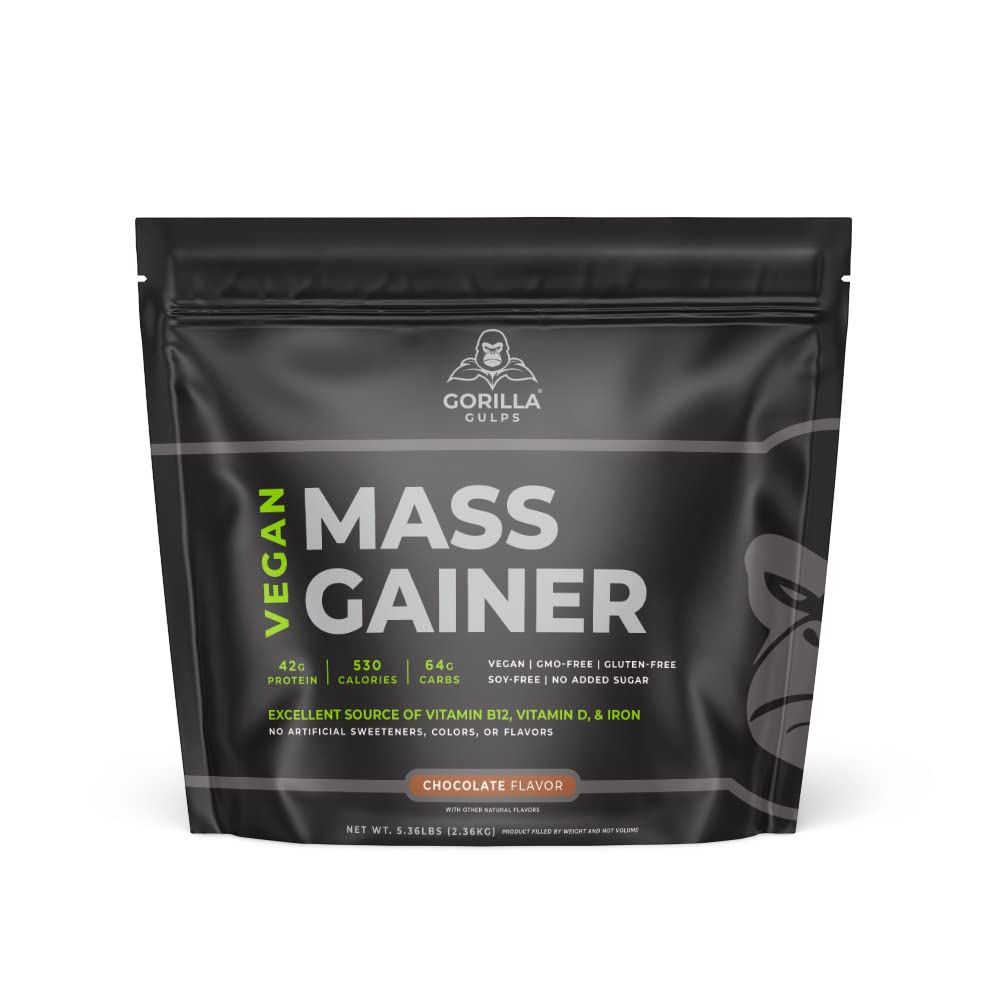 Gorilla Gulps chocolate mass gainer bottle pour showing high-calorie shake for workouts.