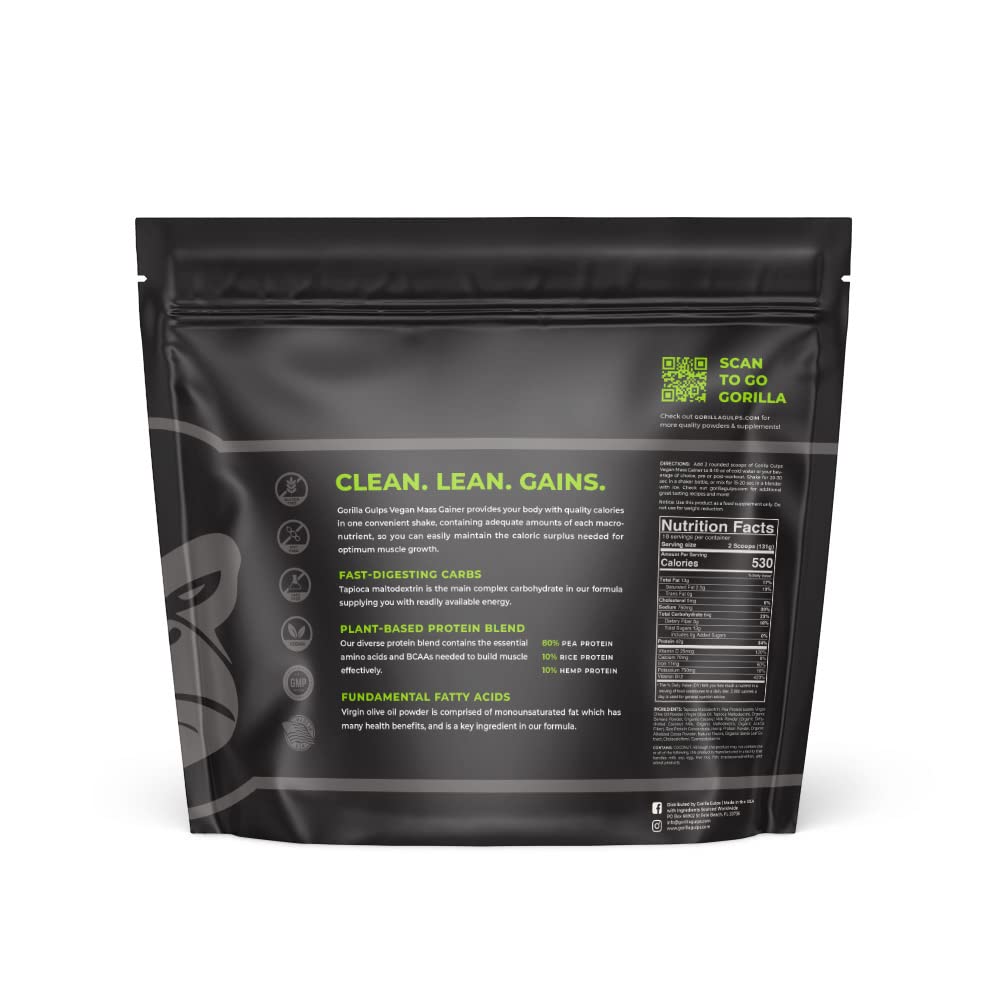 Gorilla Gulps chocolate mass gainer protein blend with pea, rice, and hemp.