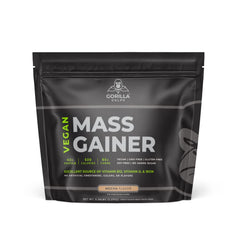 Gorilla Gulps Mocha mass gainer tub front shows plant-based protein for gains.