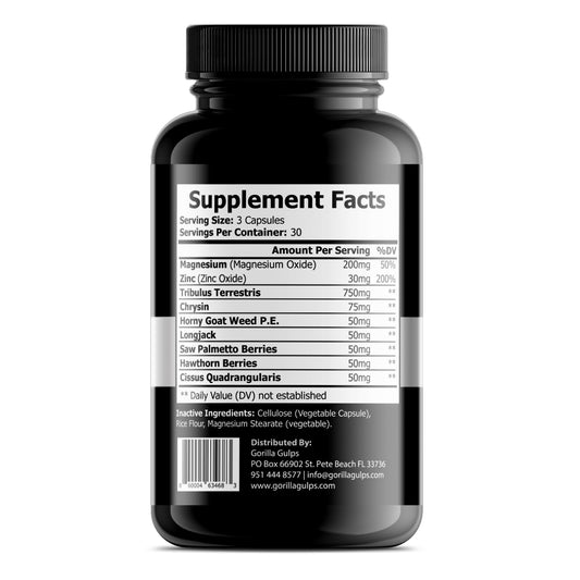 Gorilla Gulps Silverback-T capsules close-up signaling strength support.