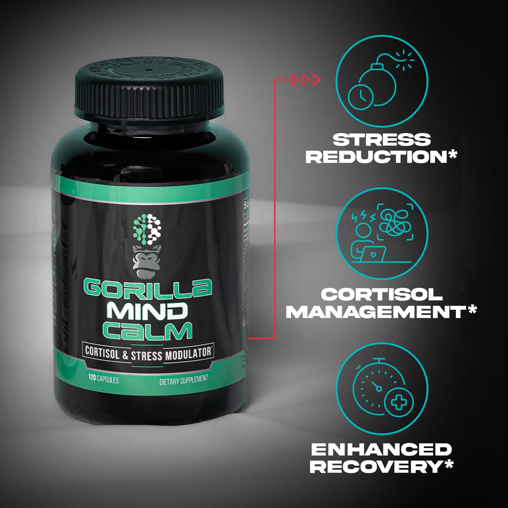 Gorilla Mind Calm ingredients panel close-up implying balanced stress response.