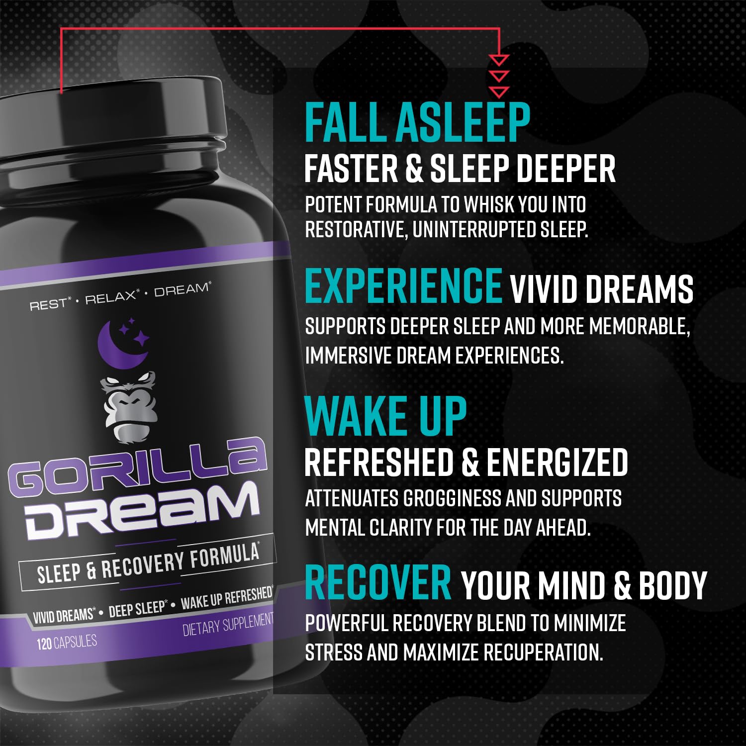Gorilla Mind Dream bottle beside a pillow suggests dream-friendly sleep