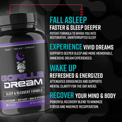 Gorilla Mind Dream bottle beside a pillow suggests dream-friendly sleep