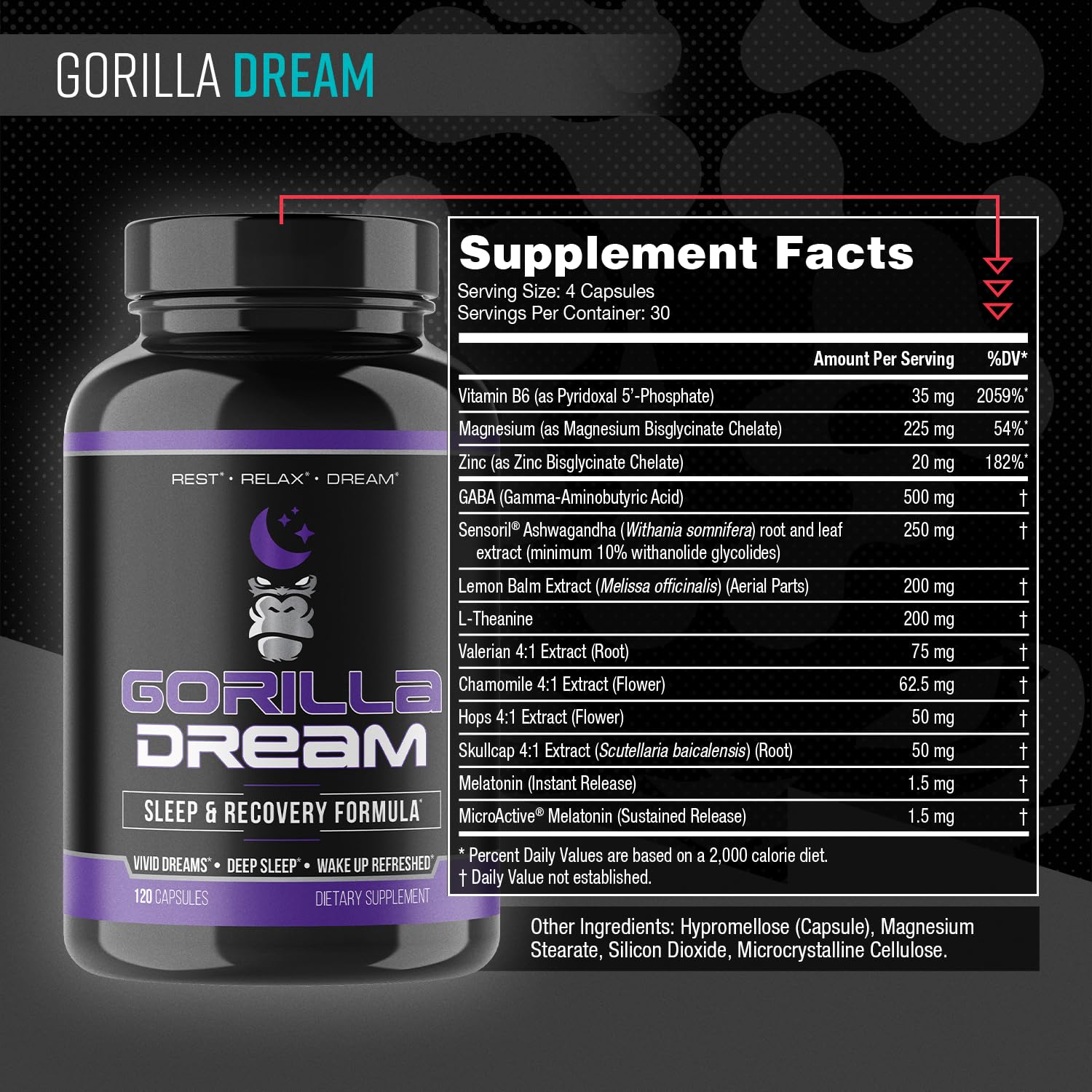 Gorilla Mind Dream capsules close-up, suggesting easy nightly use and potential sleep support