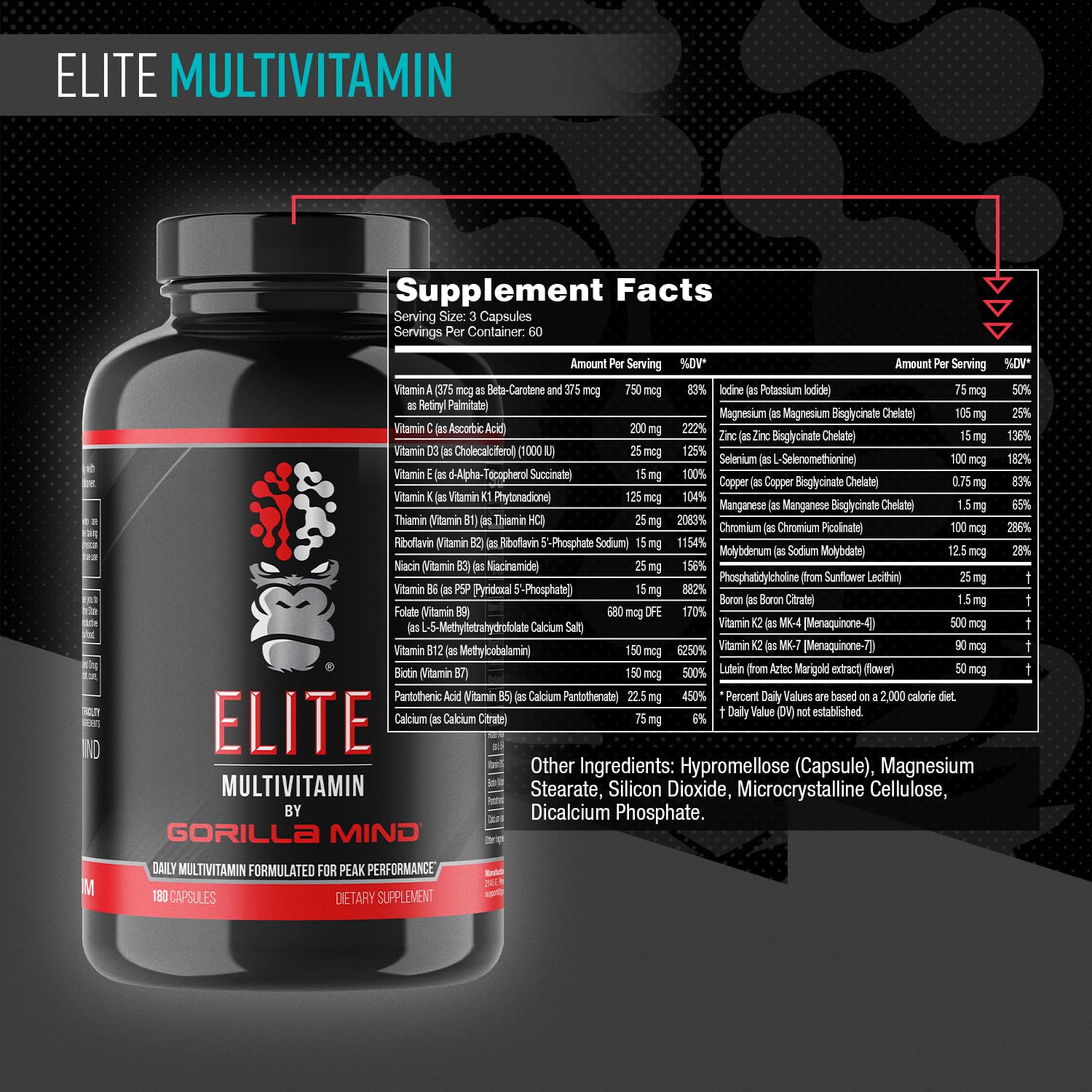 Gorilla Mind Elite label close-up highlighting the 27 nutrients.