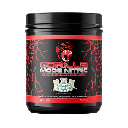 Gorilla Mind Gorilla Mode Nitric Upgraded bottle with label highlighting stimulant-free pre-workout benefits