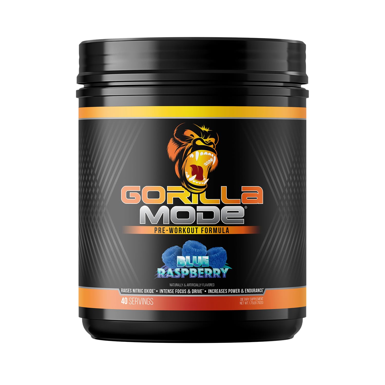 Gorilla Mind Gorilla Mode pre-workout blue raspberry bottle shows energy-boosting formula