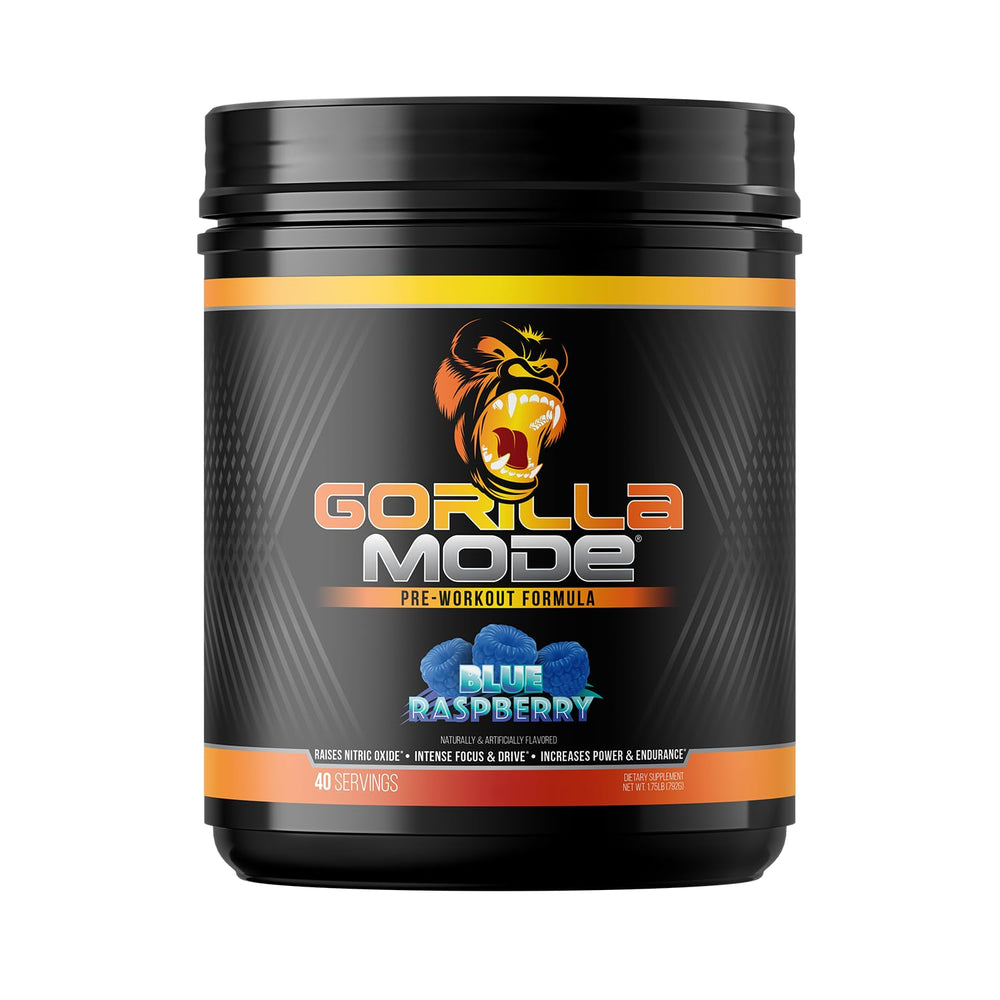 Gorilla Mind Gorilla Mode pre-workout blue raspberry bottle shows energy-boosting formula