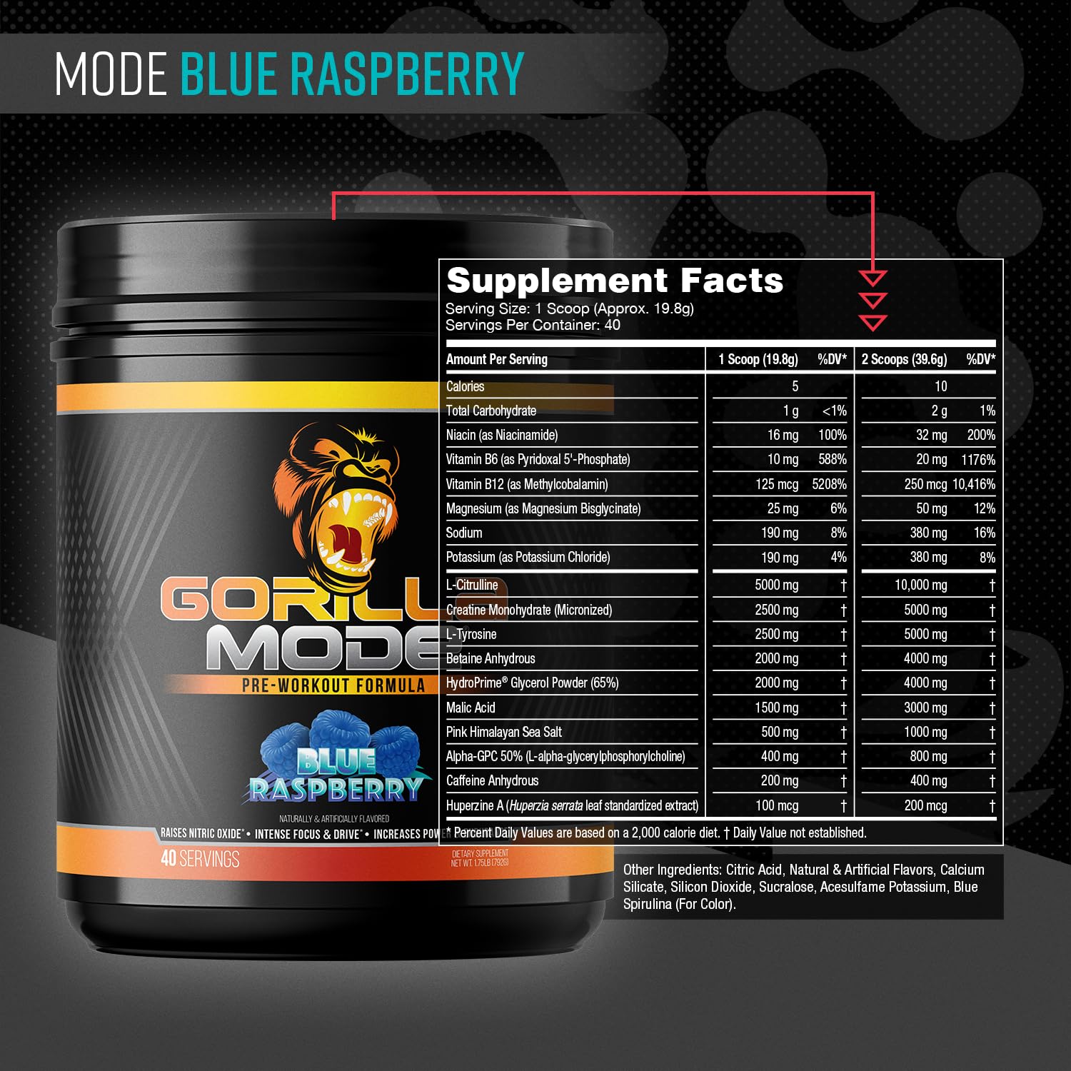 Gorilla Mind Gorilla Mode ingredients label highlights high-dose L-Citrulline and Creatine