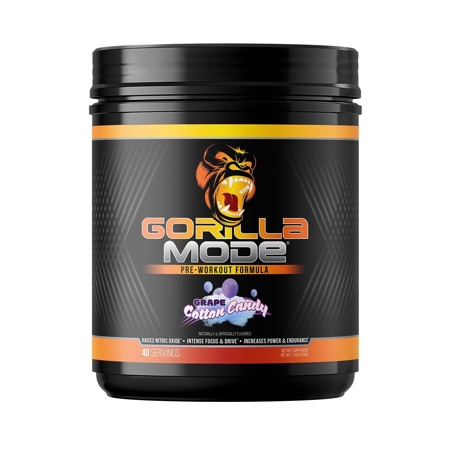 Gorilla Mind Gorilla Mode pre-workout tub front with Cotton Candy Grape flavor boosts energy and focus.