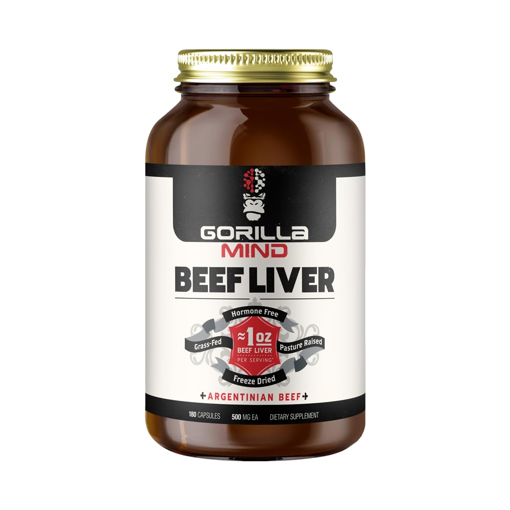 Gorilla Mind beef liver capsules packshot emphasizing grass-fed, hormone-free nutrition.