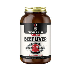 Gorilla Mind beef liver capsules packshot emphasizing grass-fed, hormone-free nutrition.