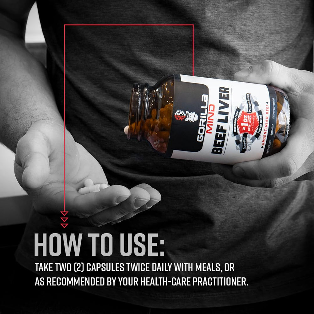 Gorilla Mind natural multivitamin beef liver, nutrient-dense and convenient daily capsule.