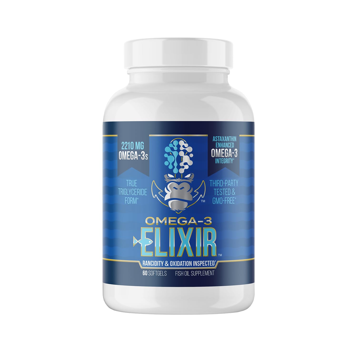 Gorilla Mind Omega-3 Elixir bottle front shows lemon scent for daily freshness
