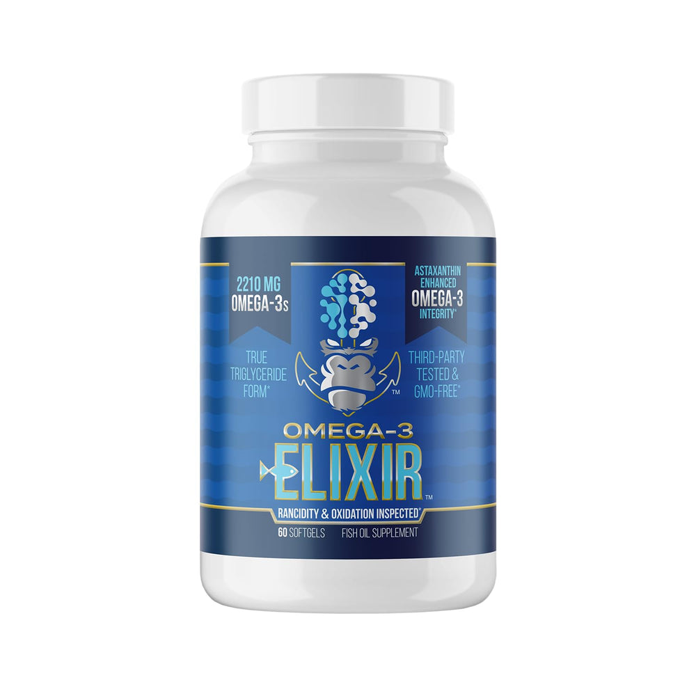 Gorilla Mind Omega-3 Elixir bottle front shows lemon scent for daily freshness